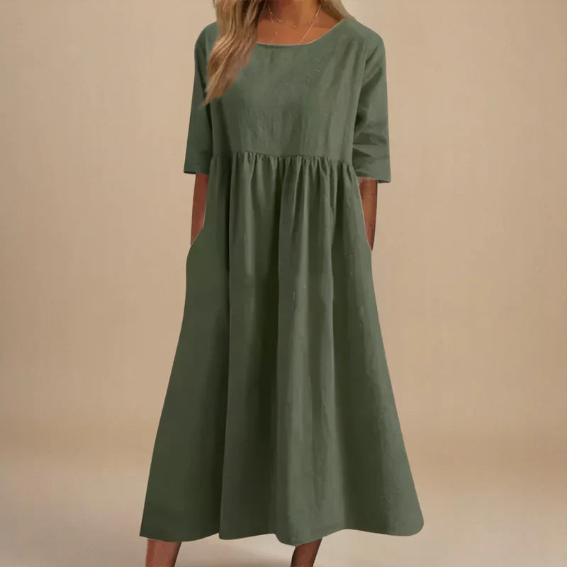 Round Neck Linen Half Sleeve Pocket Pleated A-Line Midi Dress