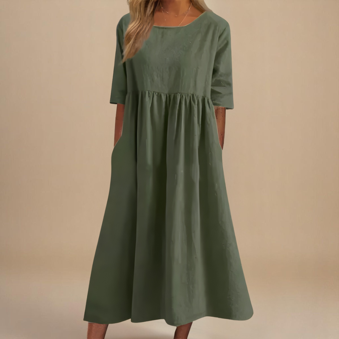 Round Neck Short Sleeve Linen Empire Waist Pocket A-Line Midi Dress