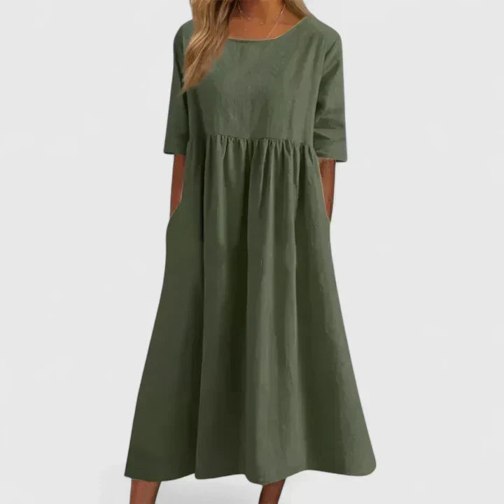 Round Neck Half Sleeve Pleated Pocket A-Line Midi Dress 4
