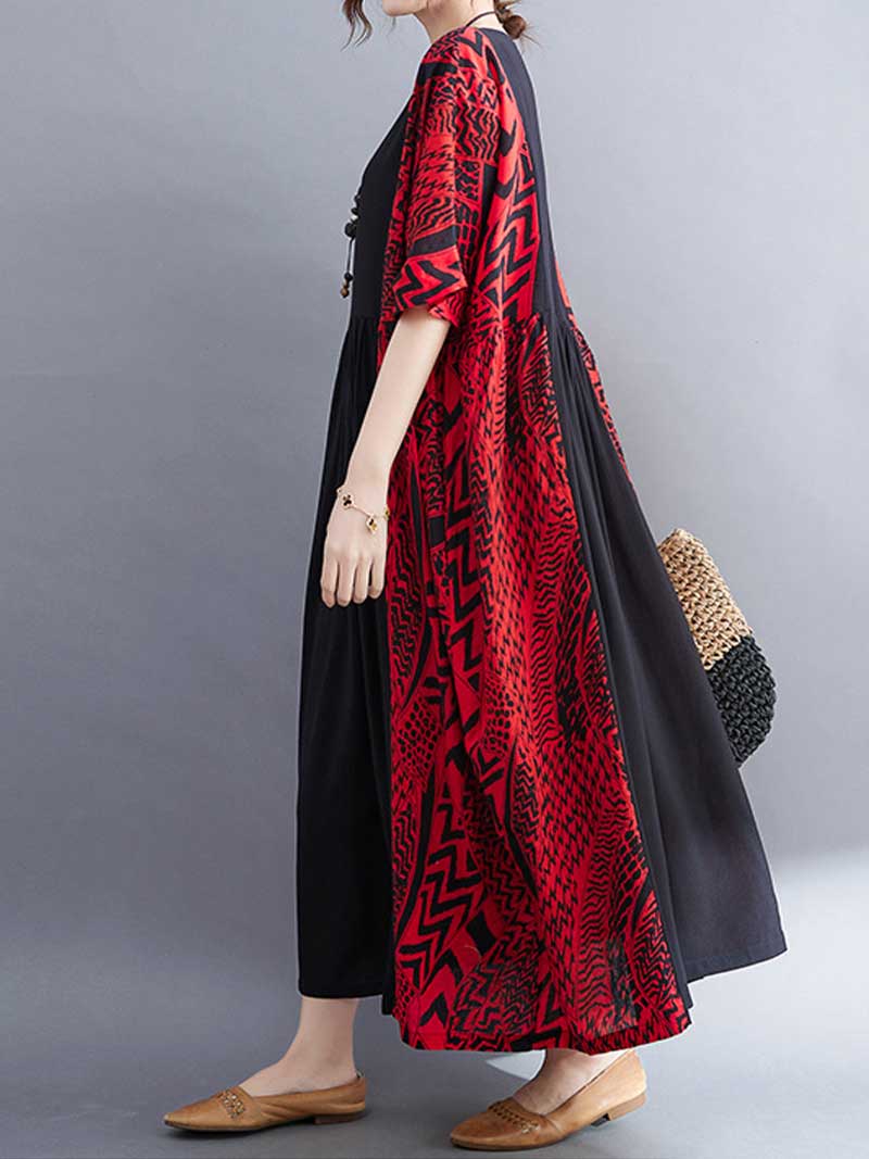 Round Neck Short Sleeve Geometric Print Loose Smock Maxi Dress 6