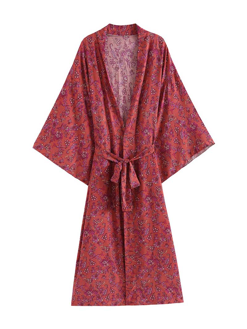 Red Ditsy Floral Print Tie Waist Long Wide Sleeve Kimono Robe