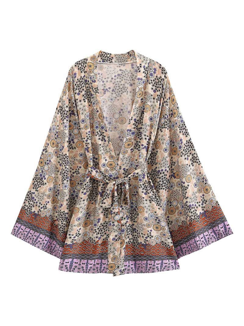 Khaki Floral Print Tie Waist Bell Sleeve Short Kimono