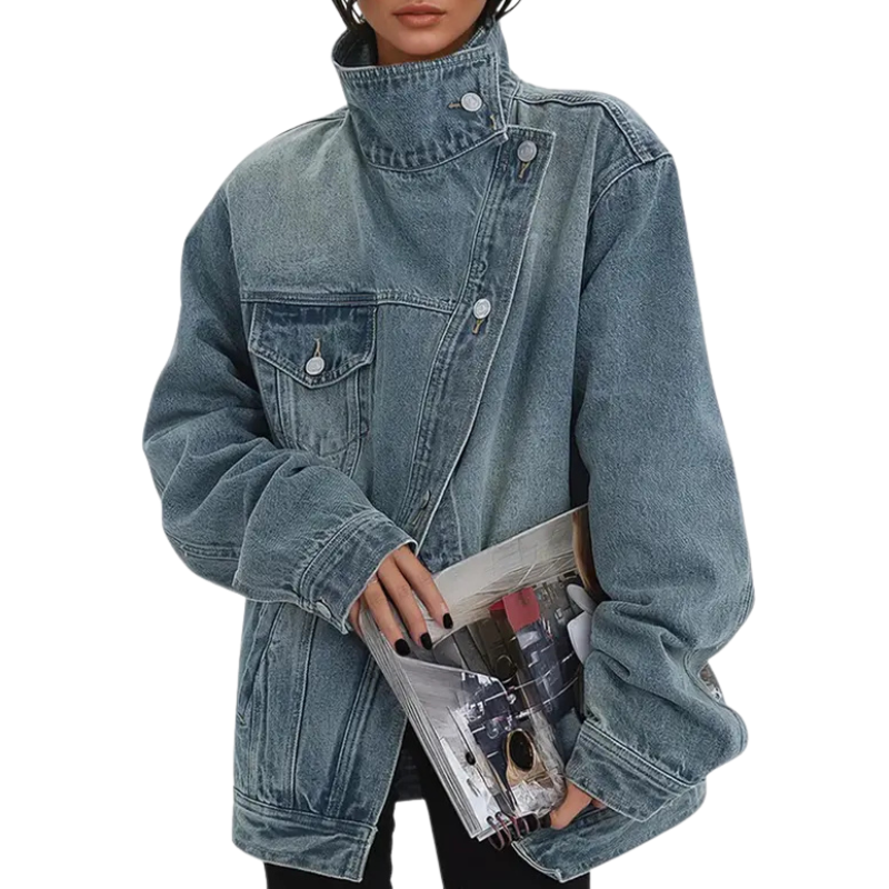 Stand Collar Asymmetric Button Oversized Denim Jacket