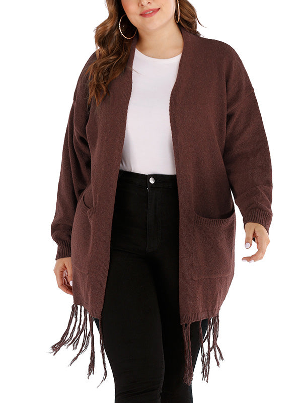Brown Open Front Patch Pocket Tassel Hem Long Sleeve Knit Cardigan