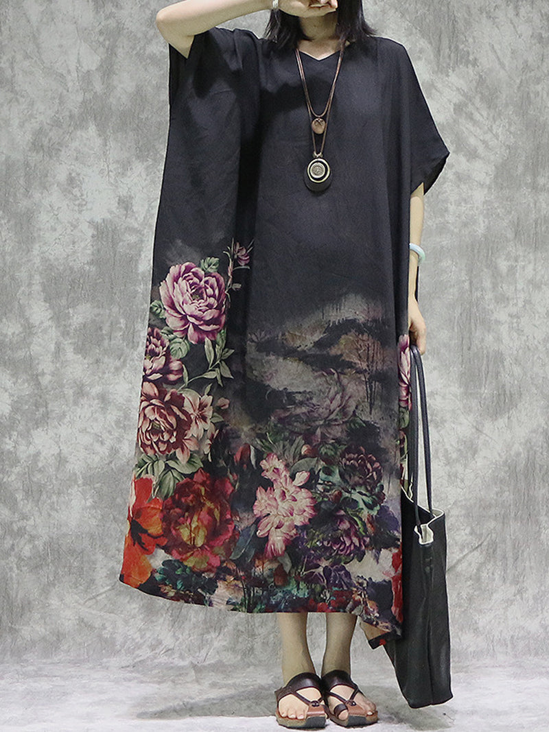 Black V-Neck Batwing Sleeve Floral Peony Print Loose Maxi Dress