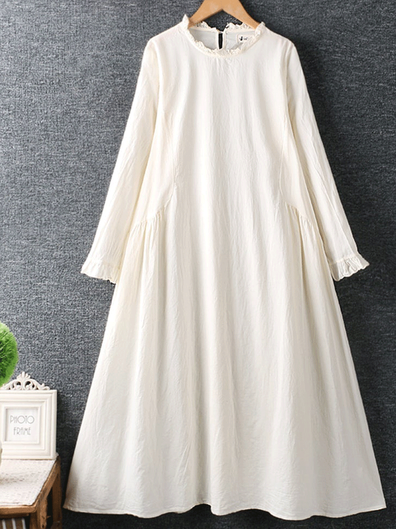 Ruffle Mock Neck Long Sleeve Cotton A-Line Midi Dress