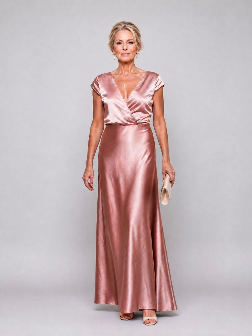 V-Neck Cap Sleeve Satin Wrap Bodice Bias Maxi Gown