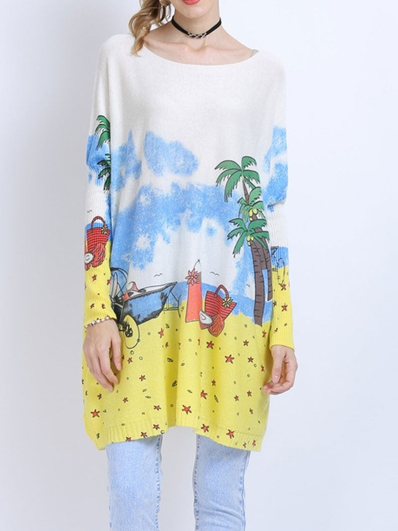 Boat Neck Long Sleeve Beach Scenic Print Oversized Knit Sweater