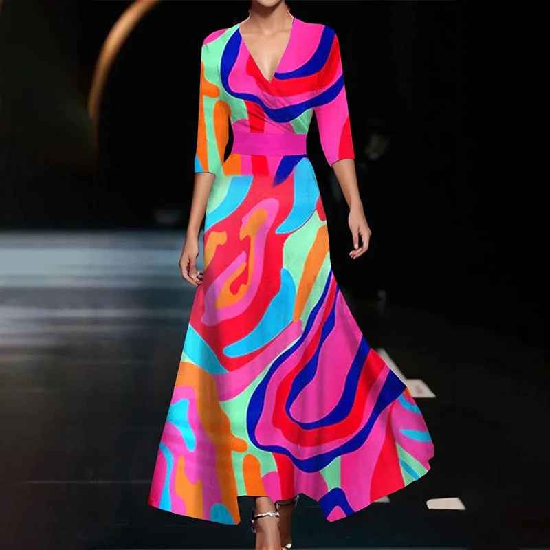 V-Neck Floral Print Wrap Belted A-Line Maxi Dress