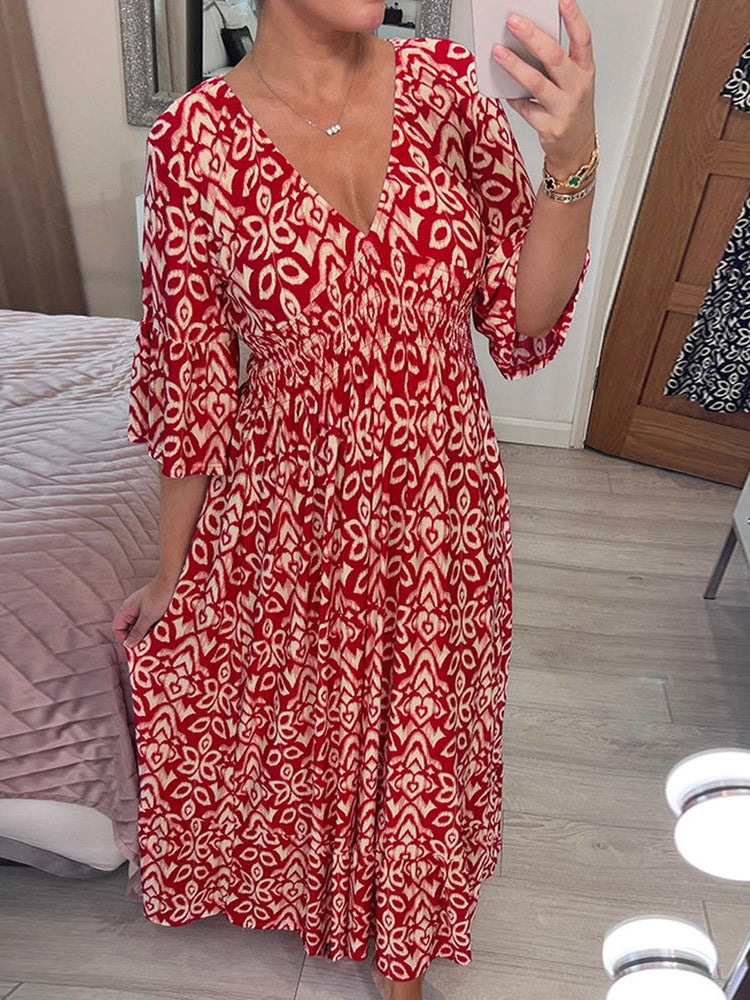 Red Mosaic Print 3/4 Sleeve Maxi Dress