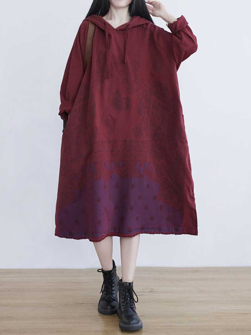 Hooded Long Sleeve Paisley Polka Dot Print Loose Denim Midi Dress 2