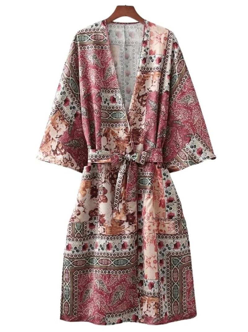 Red Paisley Floral Patchwork Tie Waist Long Kimono Duster