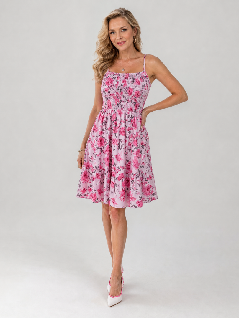 Spaghetti Strap Floral Smocked Bodice Flared Mini Dress