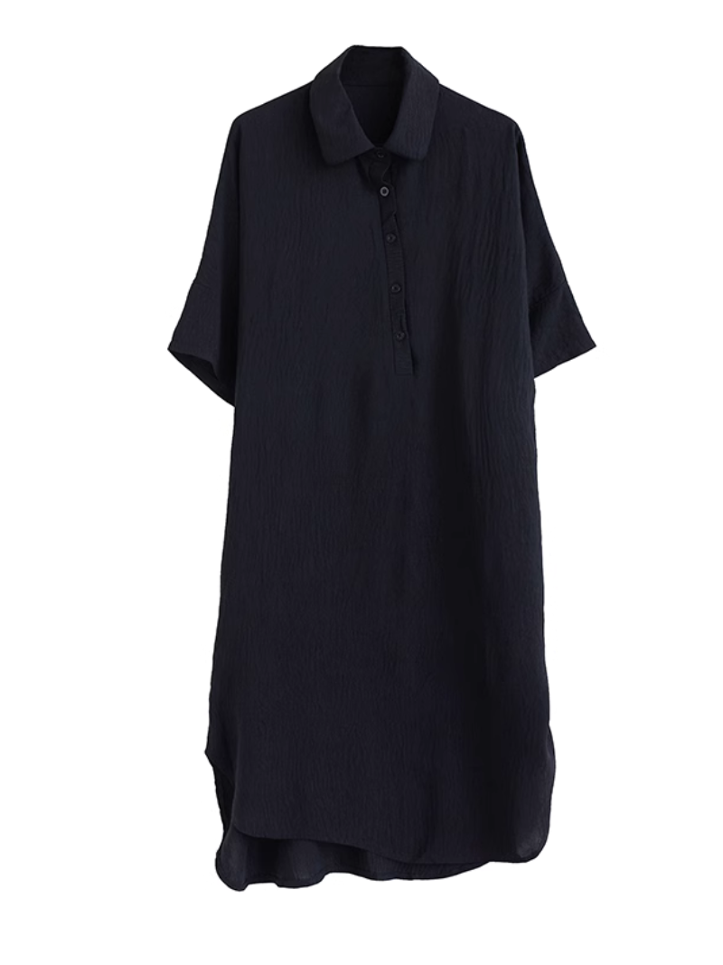 Collared Half Placket Textured Loose Shirt Midi Dress