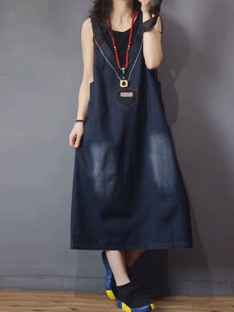 Blue Sleeveless Denim Pocket Pinafore Overall A-Line Midi Dress