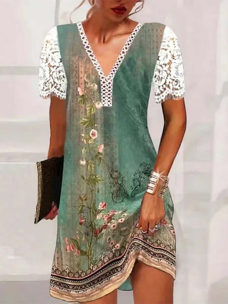 Floral Lace Patchwork V-Neck Short Sleeve Mini Dress