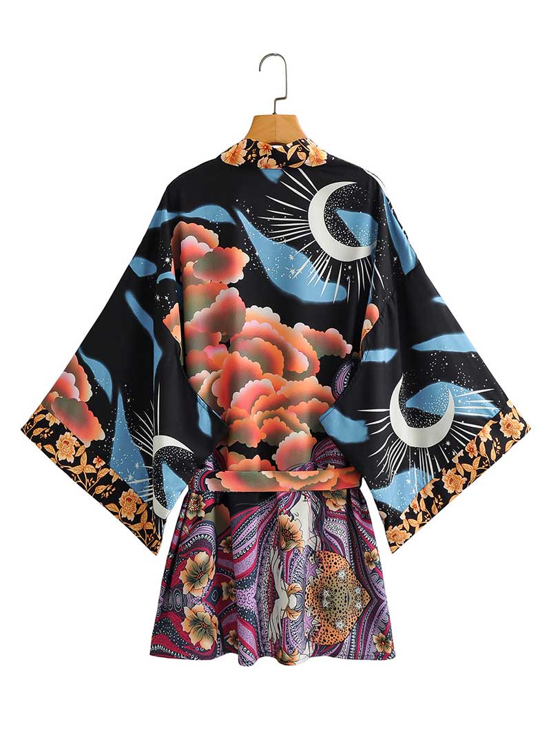 Multicolor Floral Moon Print Belted Open-Front Short Kimono 2