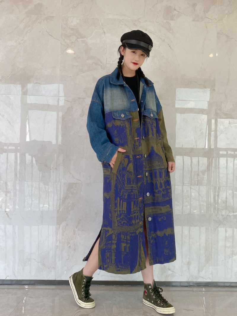 Lapel Collar Button Front Graphic Print Long Denim Coat
