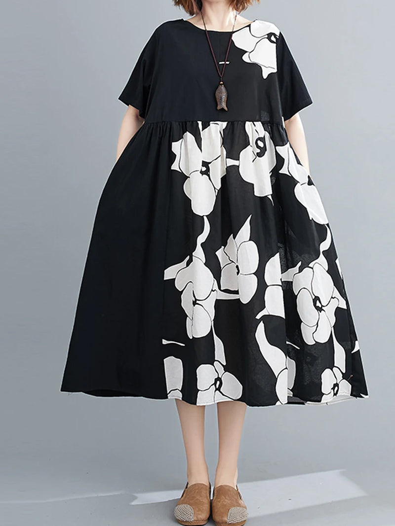 Black Round Neck Floral Print Smock Pocket A-Line Midi Dress