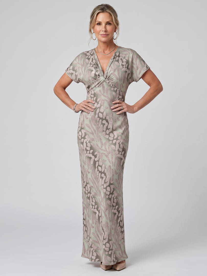 V-Neck Twist Front Satin Abstract Print Column Maxi Dress