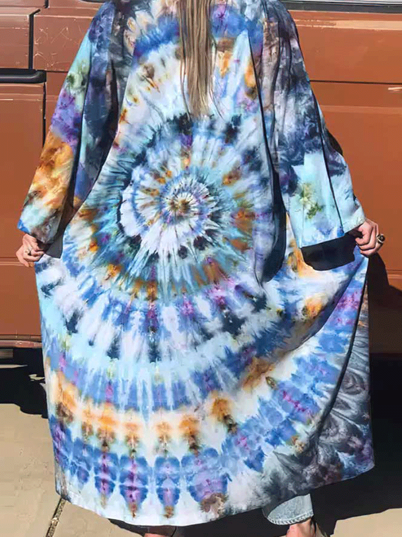 Multicolor Tie-Dye Print Open Front Wide Sleeve Long Duster Kimono 2