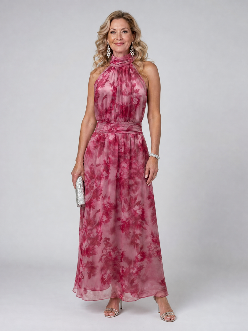 Halter Turtleneck Floral Chiffon Sash Waist Maxi Gown