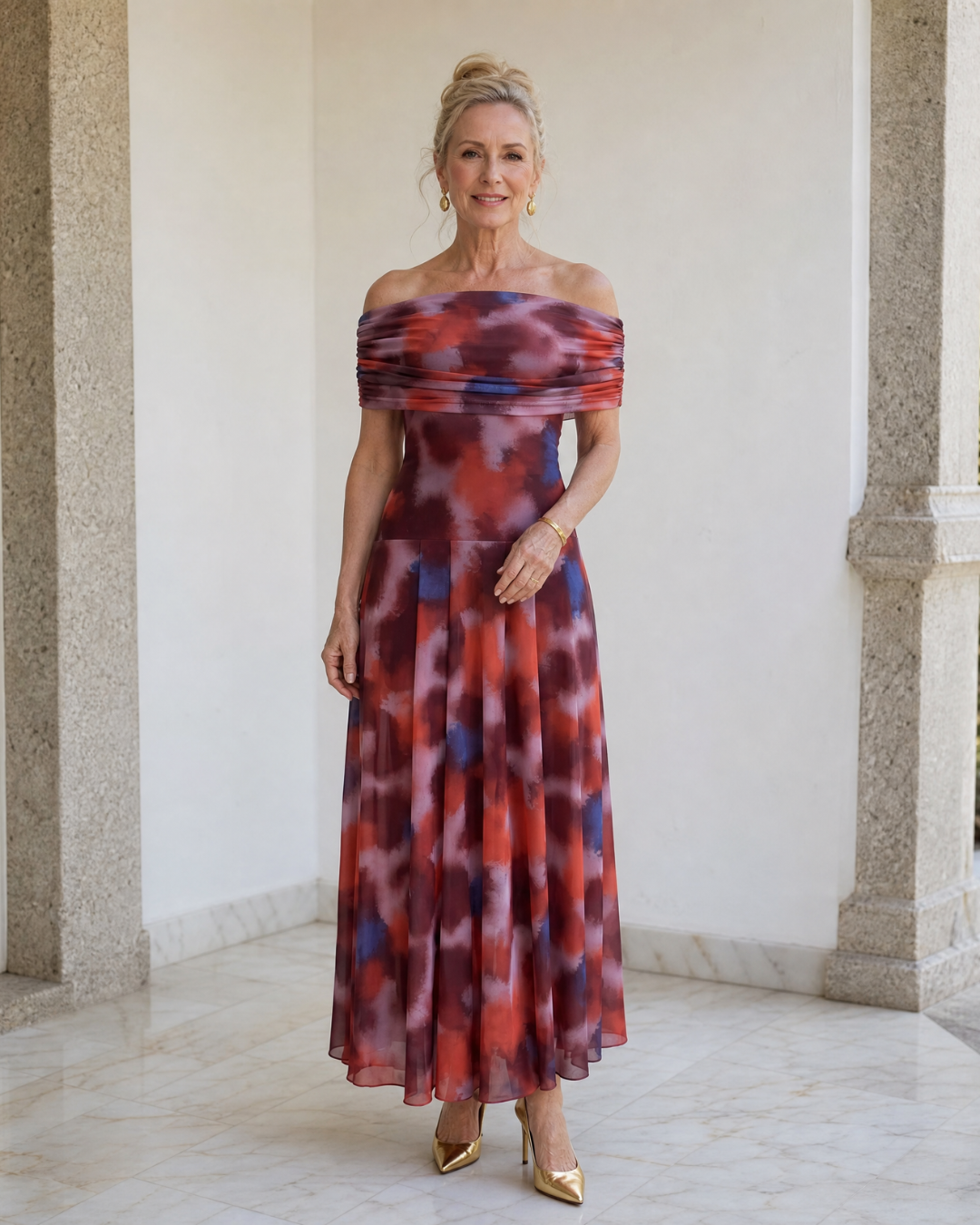 Multicolor Off-Shoulder Ruched Watercolor Print Pleated A-Line Midi Dress