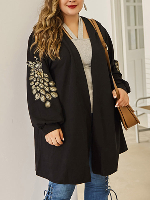 Black Open Front Peacock Embroidery Long Sleeve Longline Cardigan