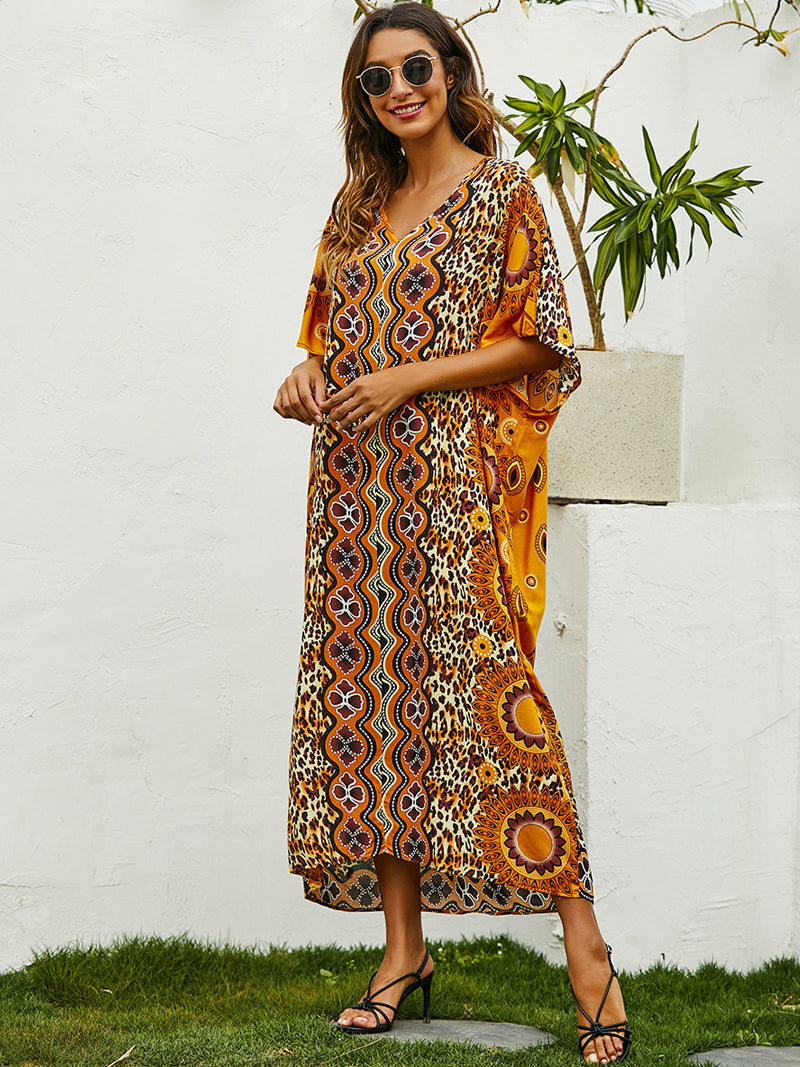 Yellow V-Neck Mandala Leopard Print Batwing Sleeve Kaftan Maxi Dress