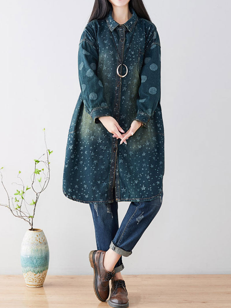 Collared Star Print Long Sleeve Washed Denim Shirt Dress