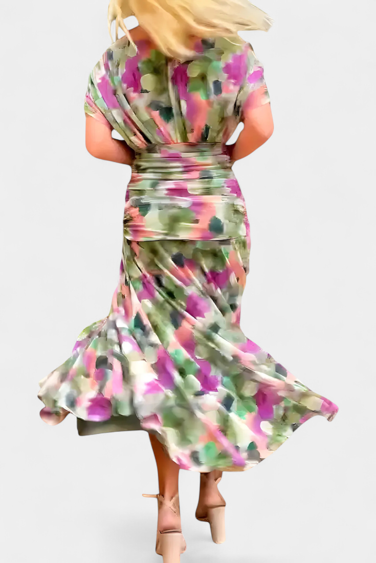 V-Neck Twist Front Draped Sheer Sleeve Ruched Bodycon Maxi Dress