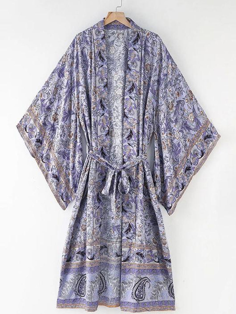Purple Bohemian Floral Scroll Border Belted Wide Sleeve Long Kimono Robe