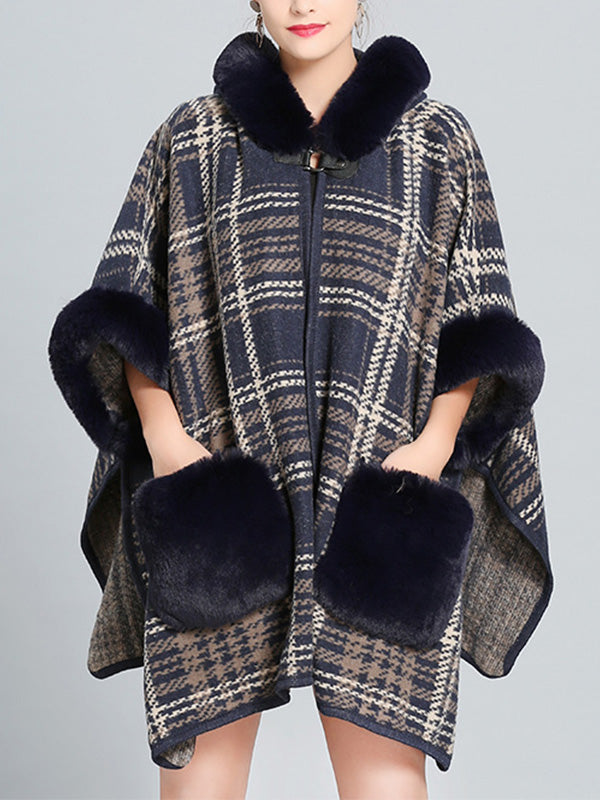 Hooded Faux Fur Trim Plaid Pocket Cape Cardigan