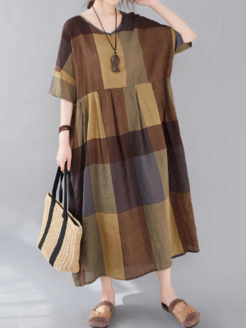 Brown V-Neck Short Sleeve Plaid Pleated Loose Cotton Midi Dress