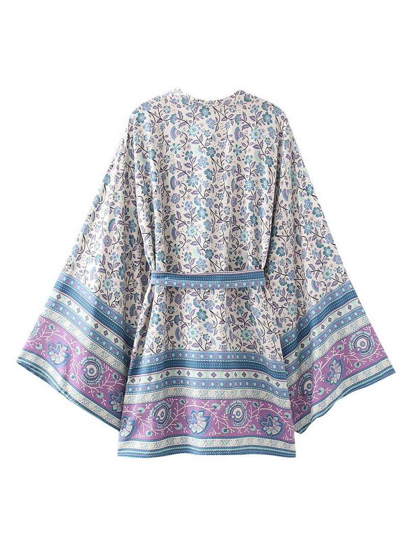 Light Blue Ditsy Floral Border Print Wide Sleeve Belted Short Kimono 2