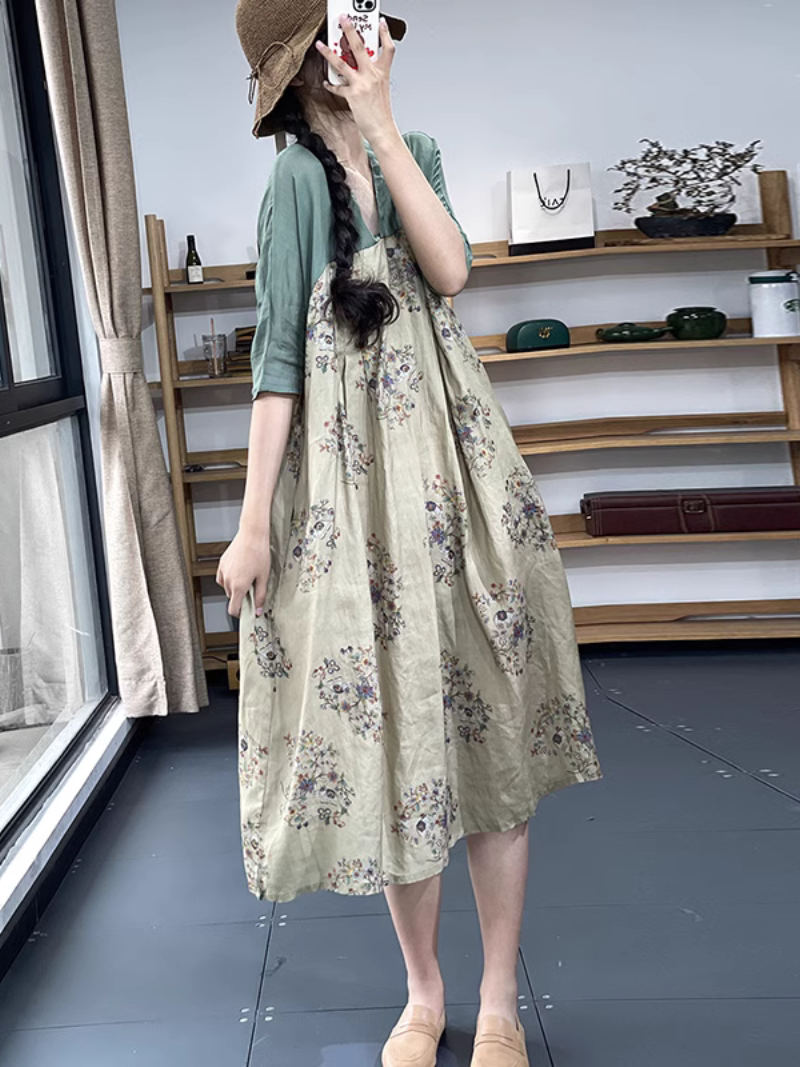 V-Neck Floral Print Sleeveless Loose A-Line Midi Dress