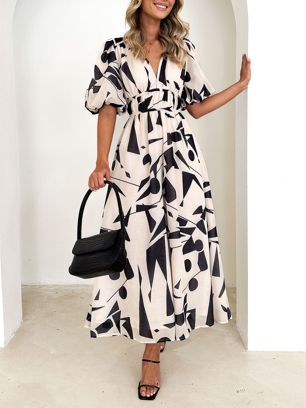 Sakura Midi Dress Beige Geo