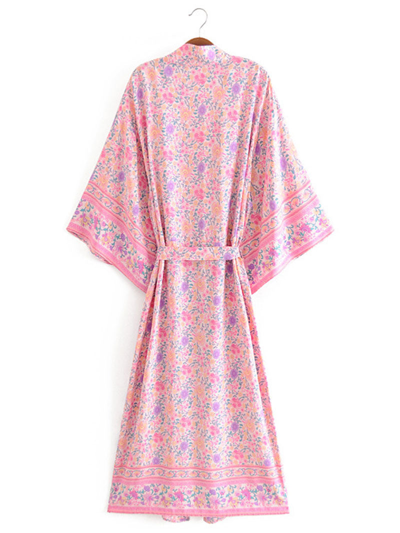 Pink Floral Print Border Trim Wide Sleeve Long Kimono