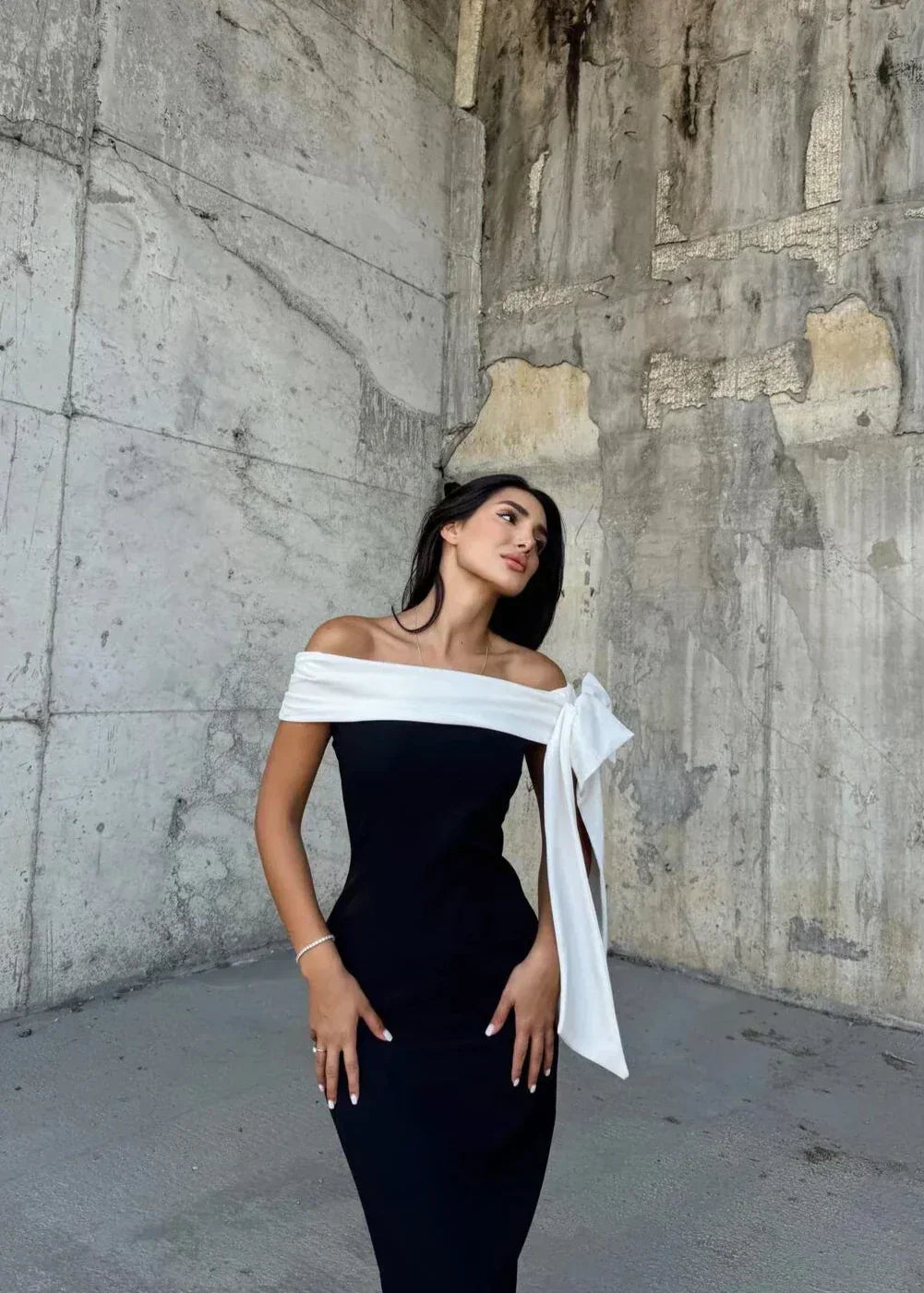 Francine One Shoulder Bow Tie Slit Midi Dress