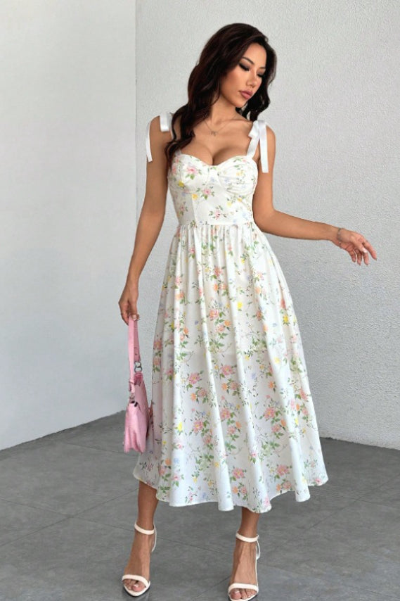 Spaghetti Strap Long Fitted Slim Floral Dress