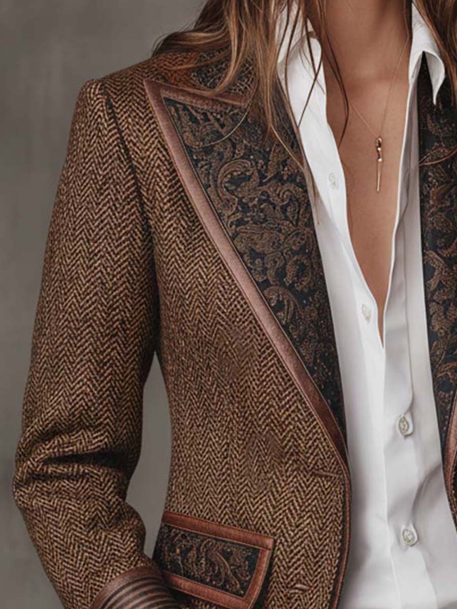 Brown Peak Lapel Herringbone Tweed Paisley Panel Leather Trim Blazer 5