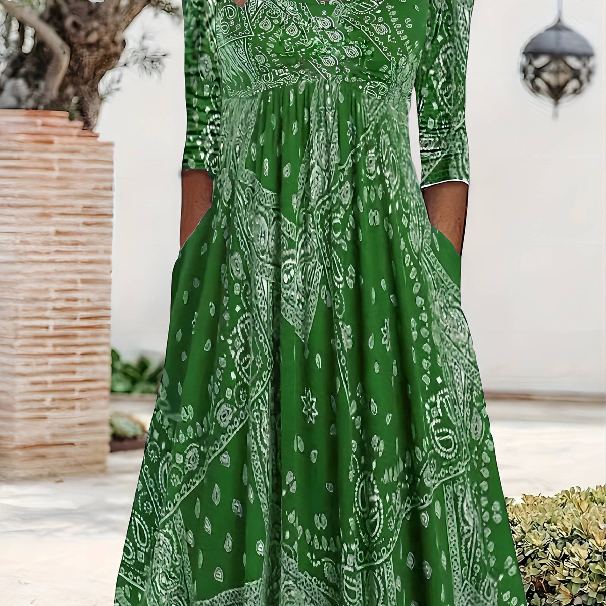 Square Neck Paisley Print Empire Waist Pocket Midi Dress 15
