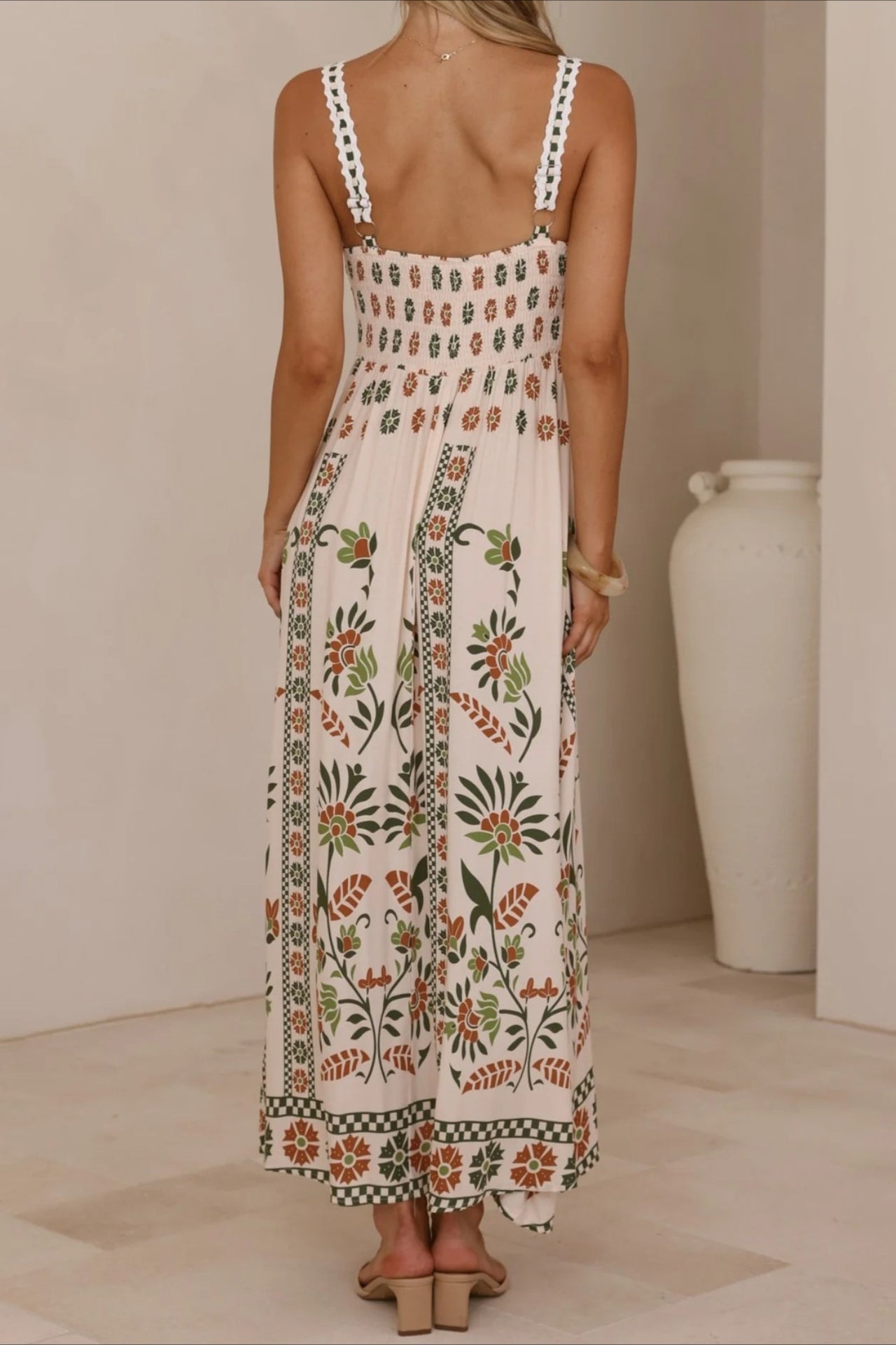 Square Neck Lace Trim Empire Waist Geometric Floral Border Maxi Dress 9