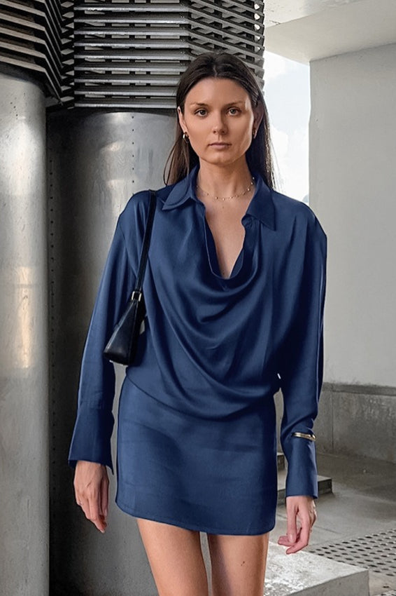 Blue Satin Asymmetric Mini Dress