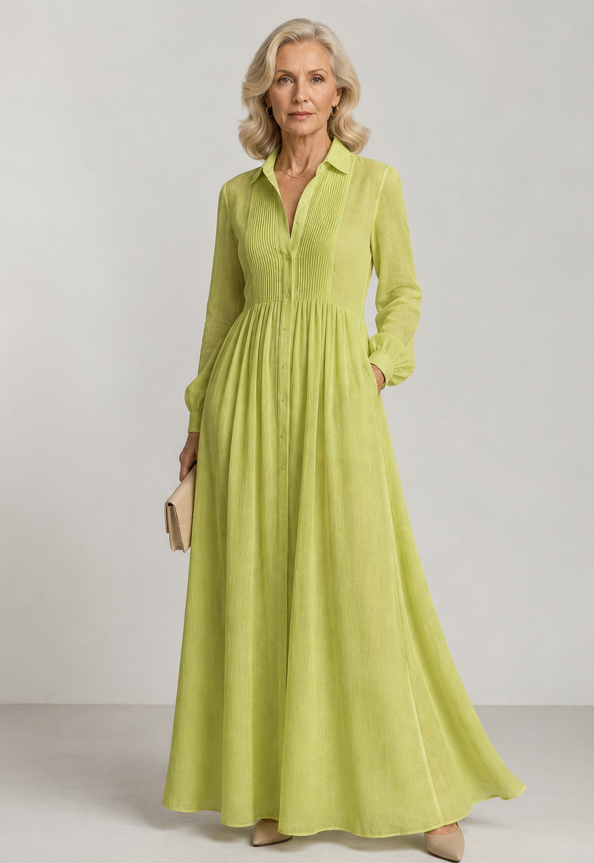 Collar Button Front Pintuck Long Sleeve A-Line Maxi Dress 7