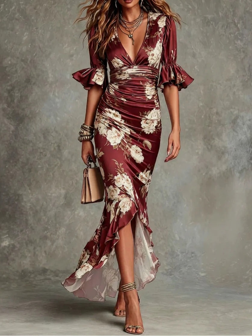 V-Neck Floral Print Ruffle Bell Sleeve Ruched Mermaid Maxi Dress 3