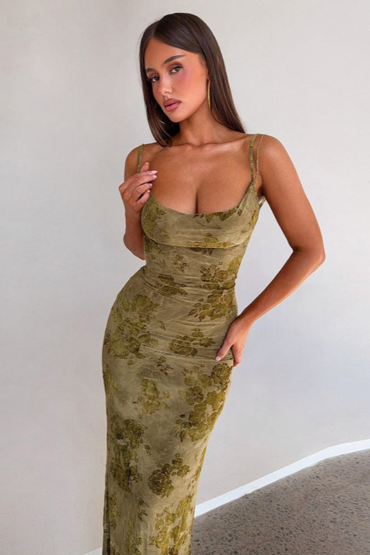 Green Spaghetti Strap Backless Chain Detail Burnout Floral Mesh Maxi Dress 2
