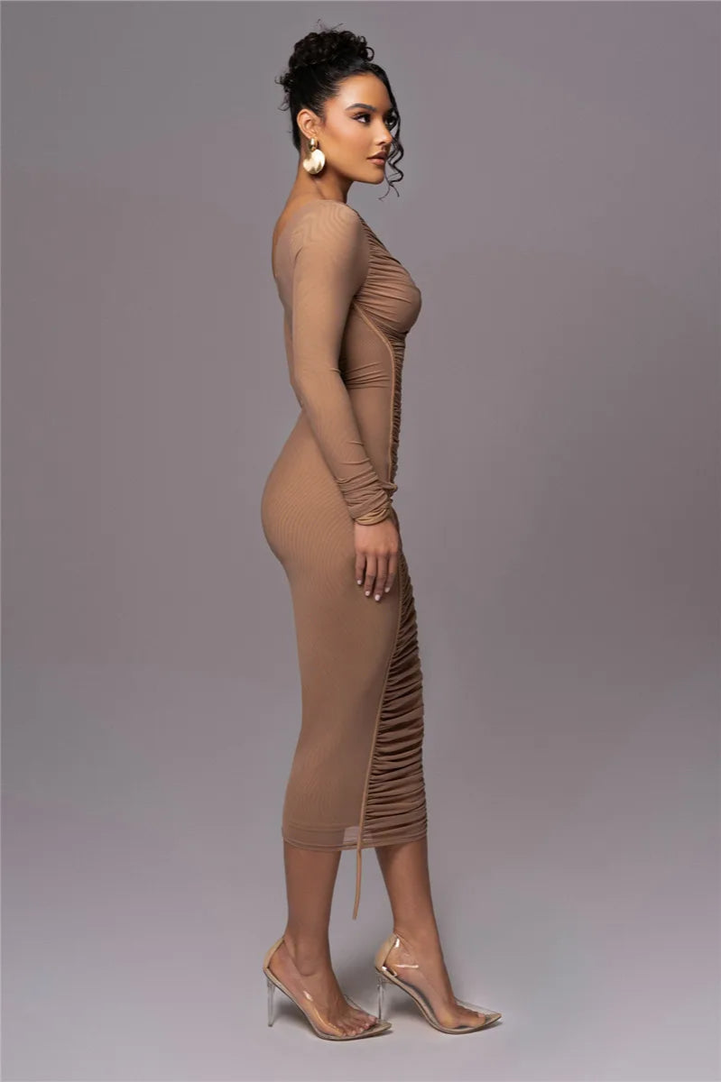 Diagonal Collar Mesh Midi Dress