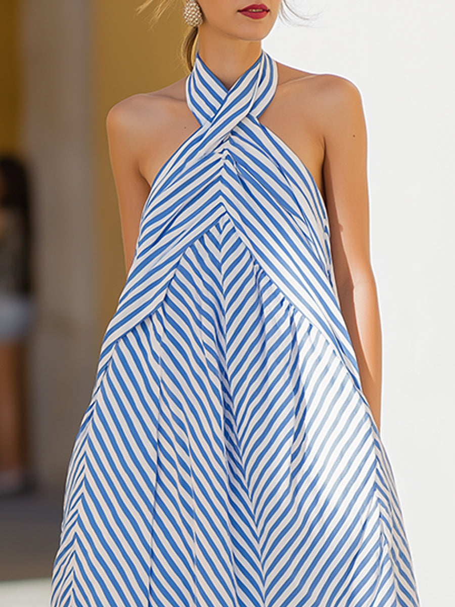 Cross Halter Neck Chevron Stripe Flowy A-Line Maxi Dress 3