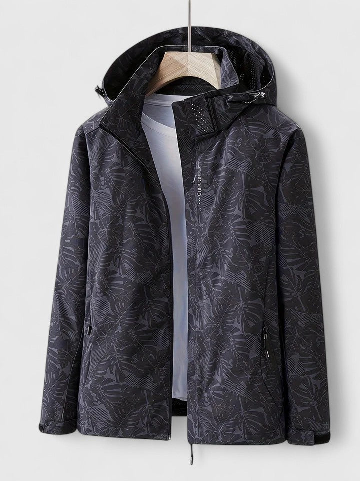 Hooded Tropical Leaf Print Zip Front Long Sleeve Windbreaker Jacket
